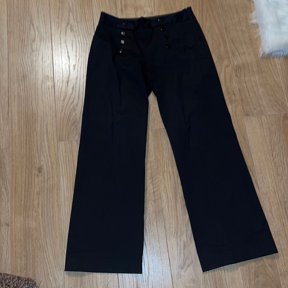 Beth Bowley black pants button details and zipper on side, hi rise straight leg